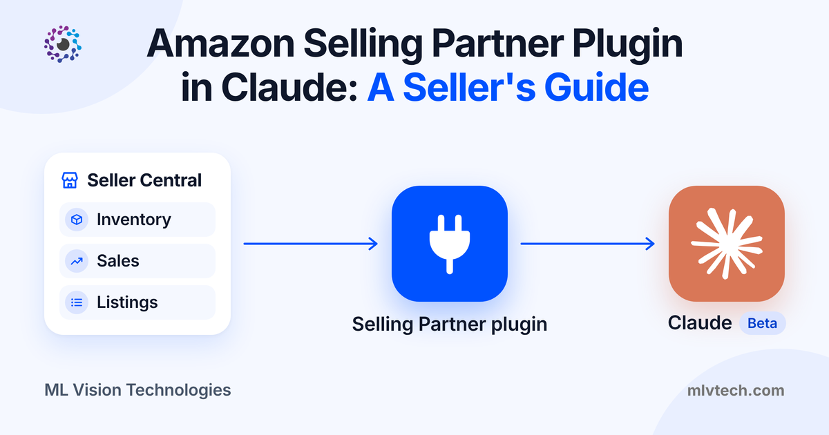 Title card reading Amazon Selling Partner Plugin in Claude, a sellers guide, from ML Vision Technologies