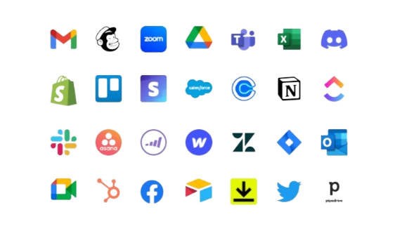 Grid of app integration icons including Gmail, Zoom, Discord, and other popular applications